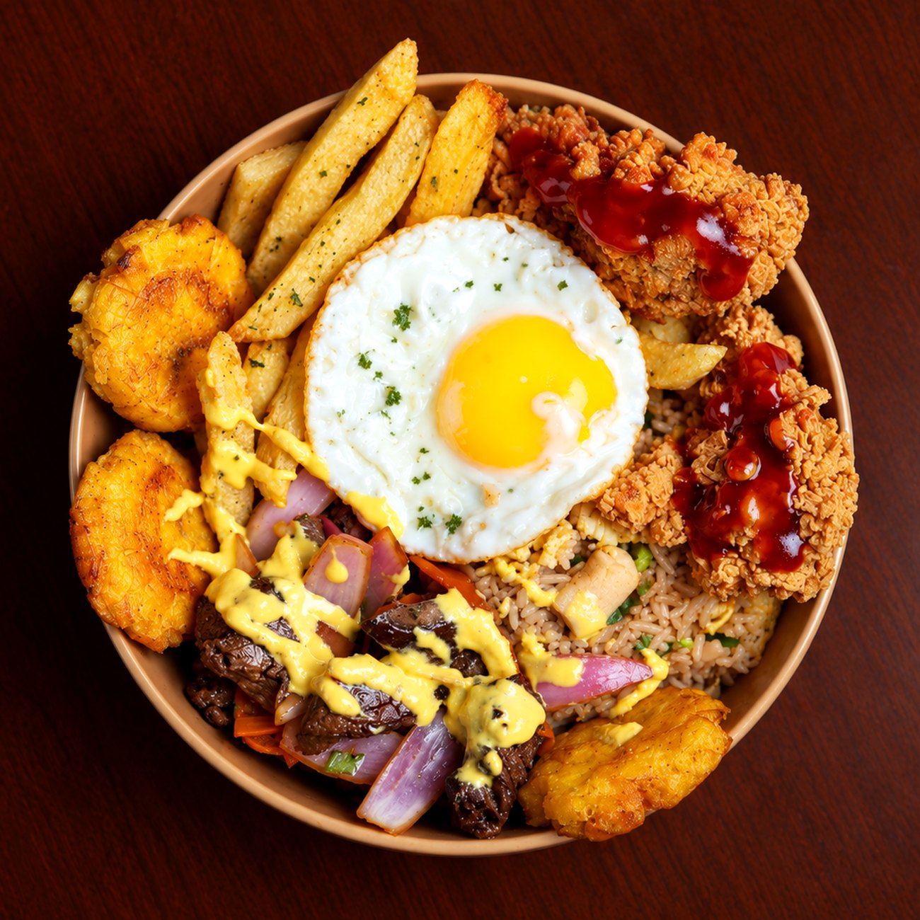 Bowl cargado El Sin Reglas: chaufa, alitas BBQ, papas, chorizo y huevo frito